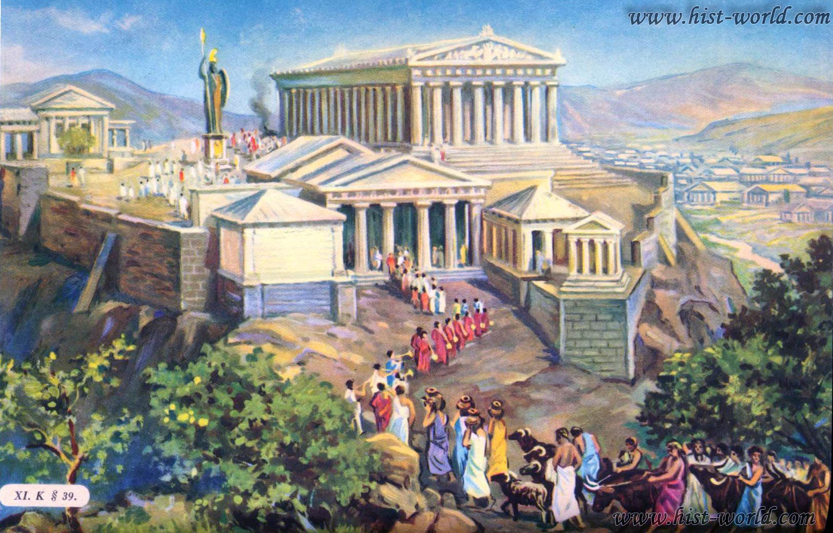 Цветная иллюстрация XI. Афинский акрополь в V веке до н. э. Акрополь стоит на холме.